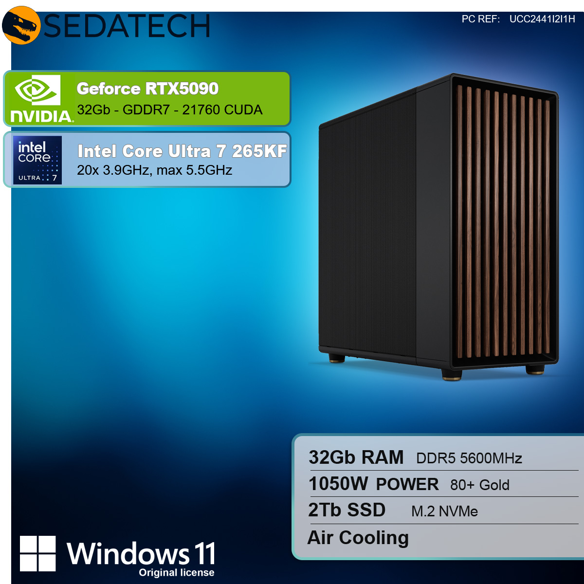 Computergehäuse mit Spezifikationen. Text: GeForce RTX5090, Intel Core Ultra 7, 32GB RAM, 1050W.