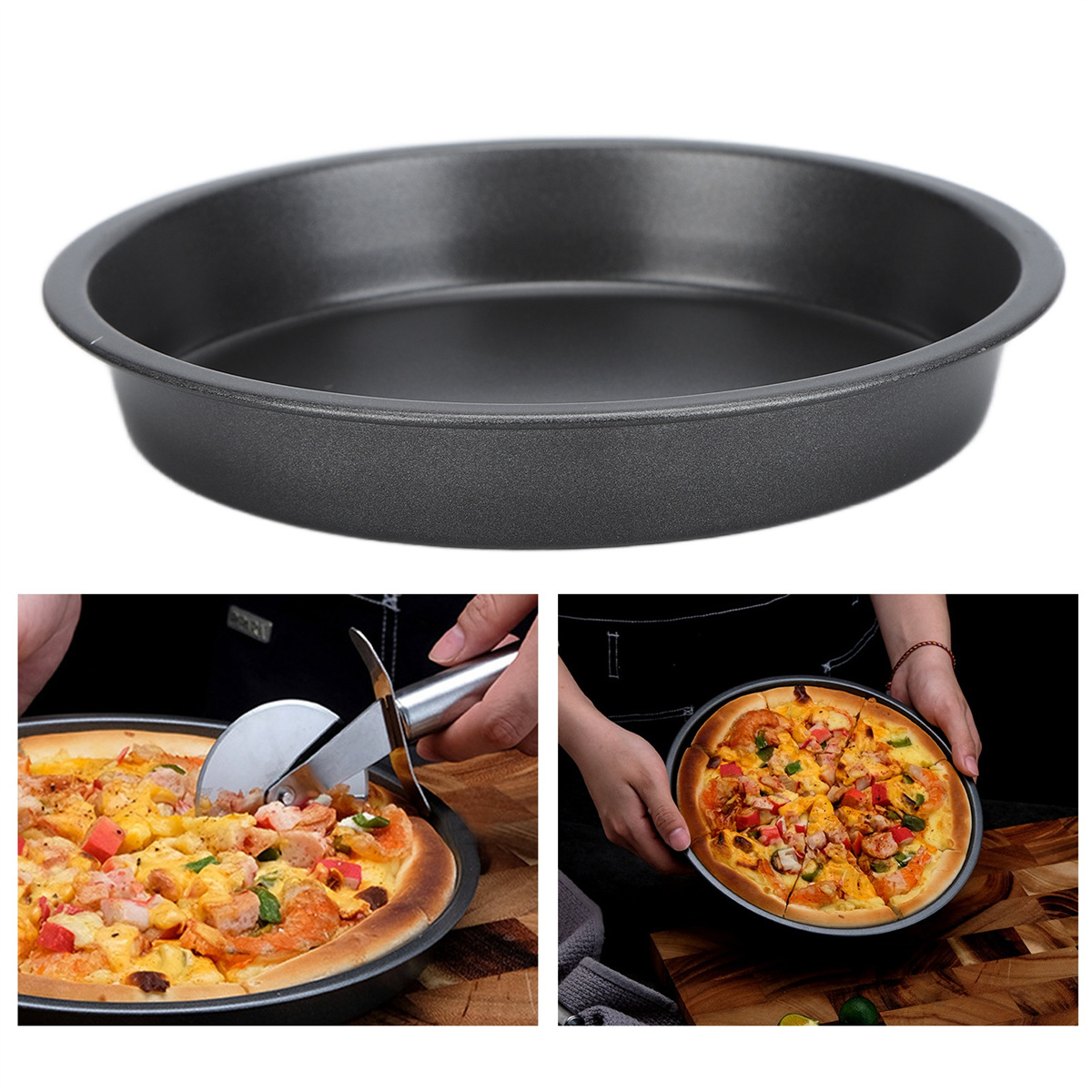 Runde schwarze Pizzapfanne mit Pizza. Pizza wird mit einem Pizzaschneider geschnitten. Pizza wird gehalten.