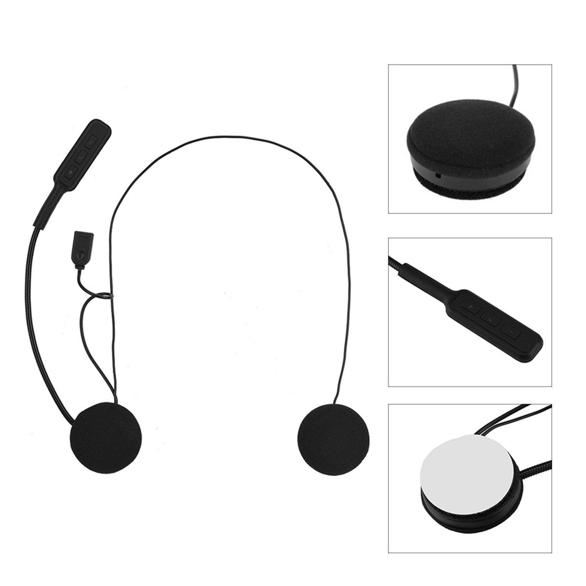 Motorradhelm-Headset mit zwei Ohrlautsprechern und einer Steuereinheit, mit Nahaufnahmen.
