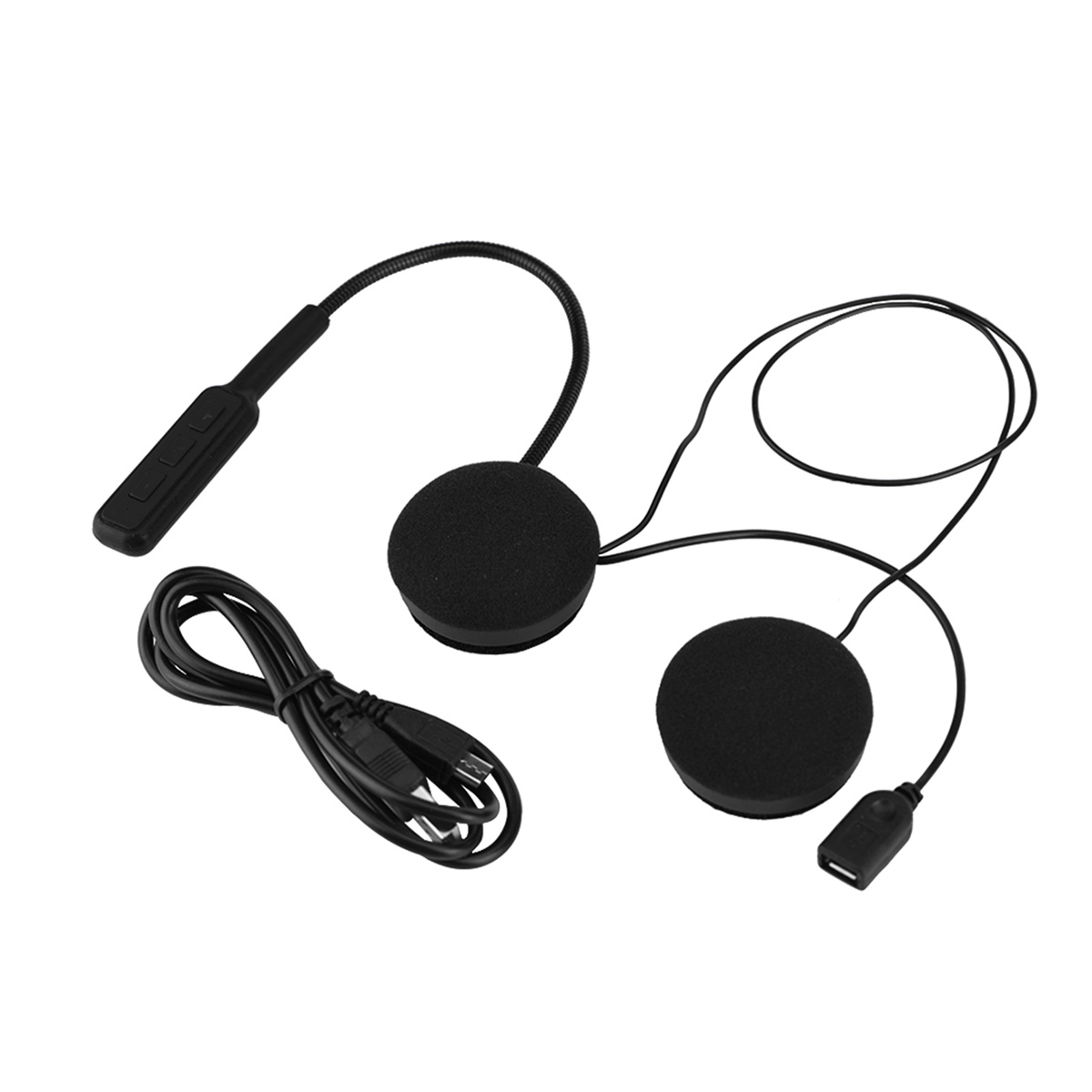 Schwarzes Motorradhelm-Headset, Mikrofon und Kabel. Weißer Hintergrund.