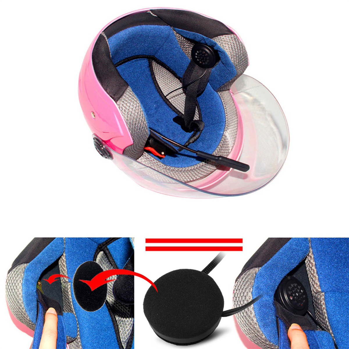 Pinker Helm mit klarem Visier und Mikrofon. Innenteile werden mit einem Schaummikrofon dargestellt.