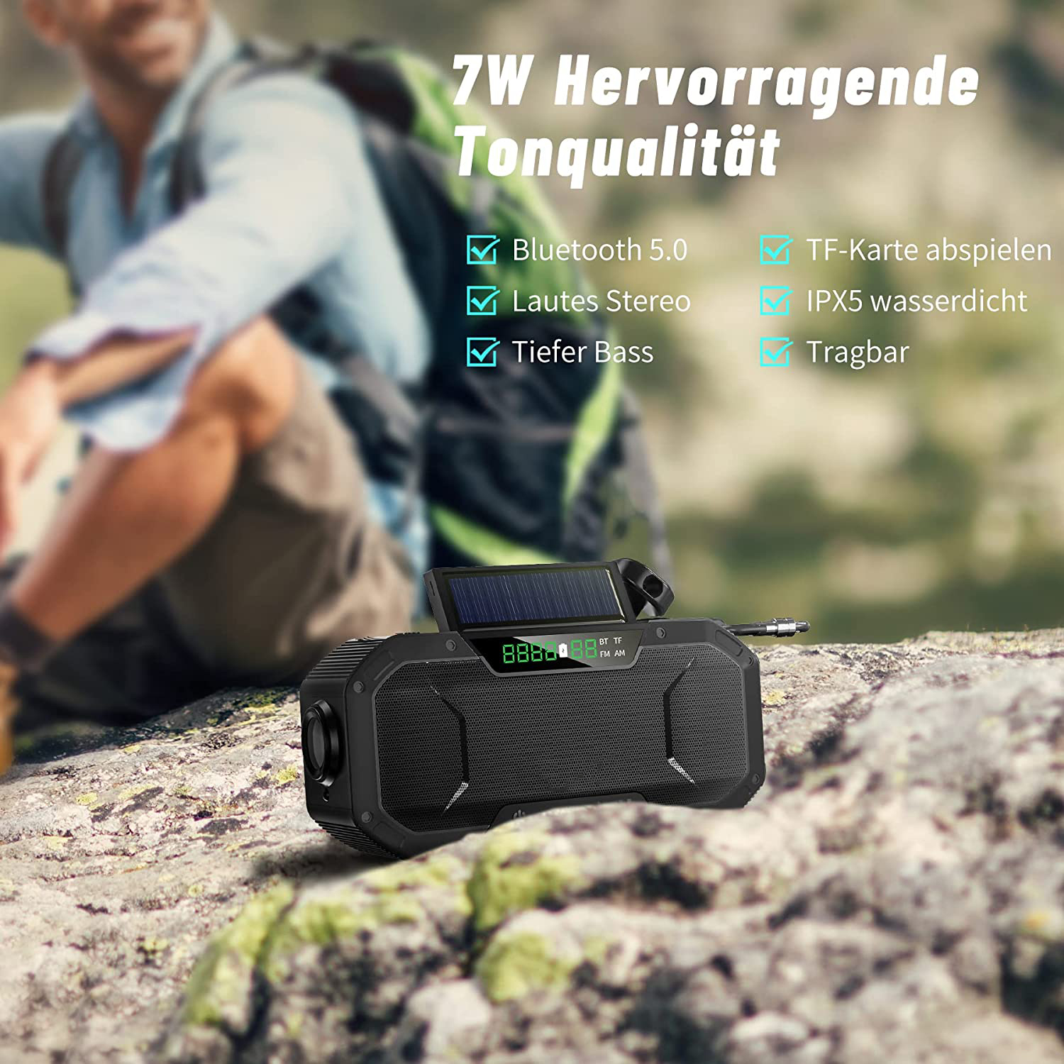 Schwarzer tragbarer Lautsprecher mit Solarpanel. Text: 7W Hervorragende Tonqualität.