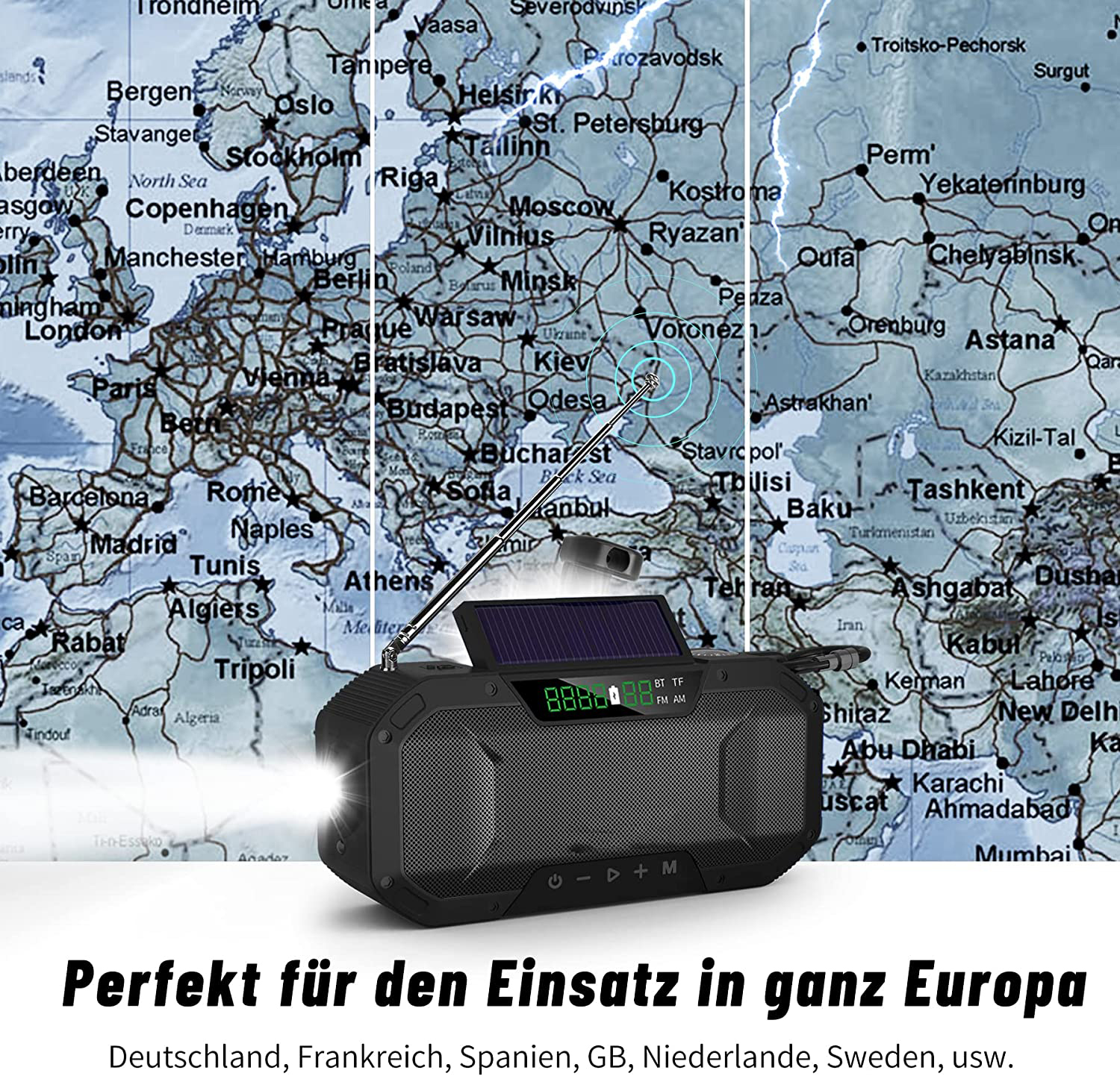Ein schwarzes Radio auf einer Weltkarte. Text: 'Perfekt für den Einsatz in ganz Europa'.