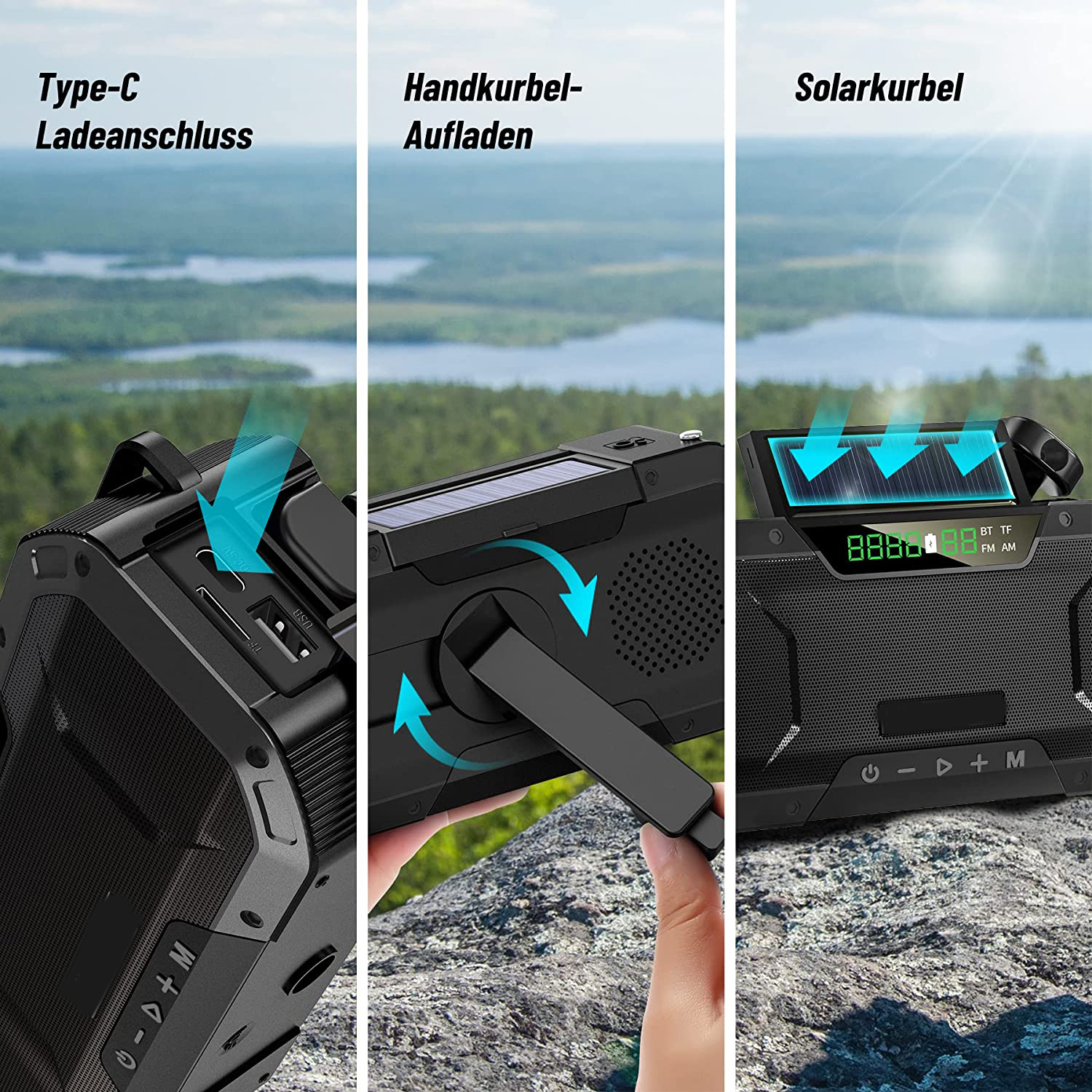 Ein schwarzer Lautsprecher mit drei Lademöglichkeiten: Typ-C, Handkurbel und Solar. Das Solarpanel ist sichtbar.
