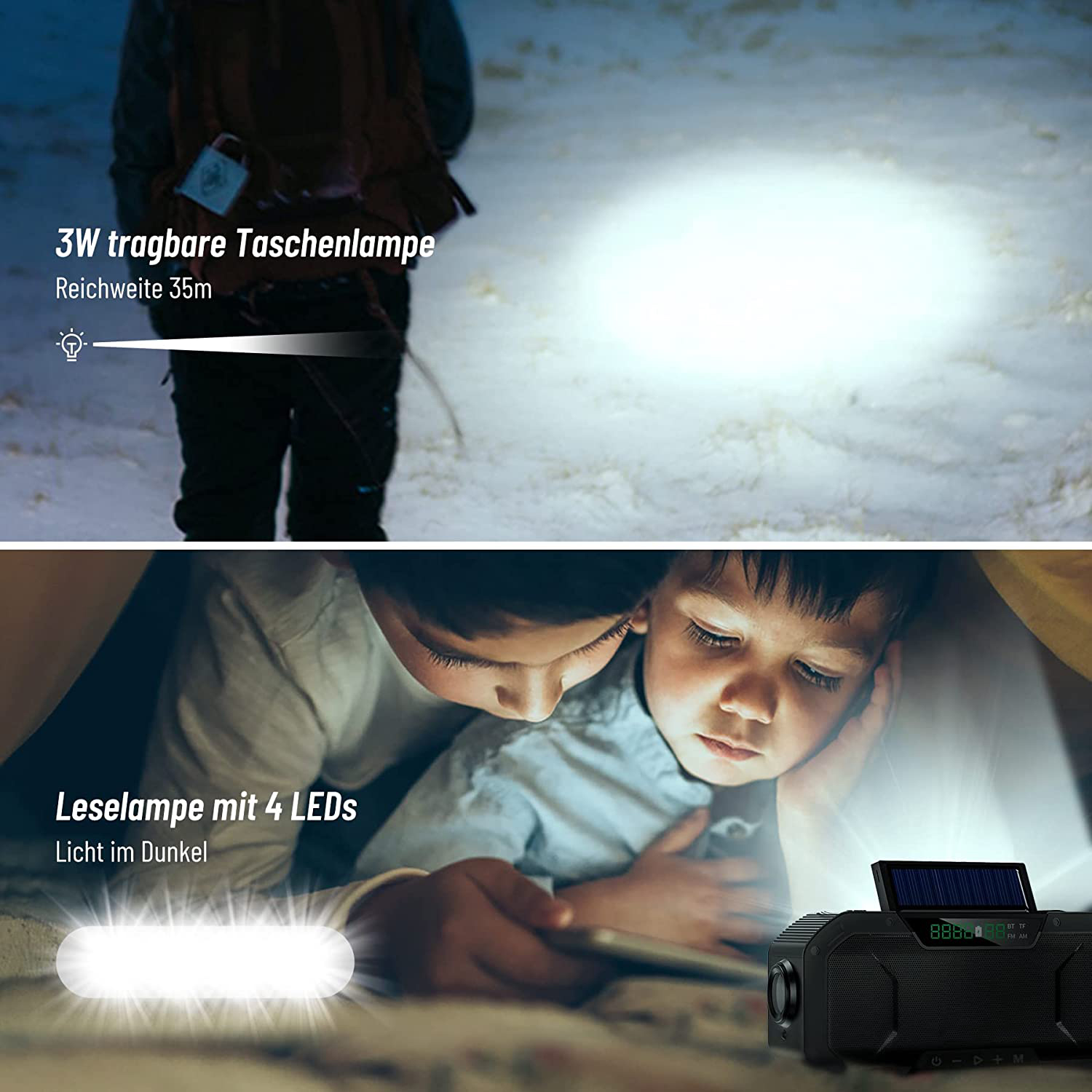 Das Bild zeigt einen Mann mit einer Taschenlampe und einen Jungen, der mit einer Lampe liest. Beide befinden sich in einer dunklen Umgebung.
