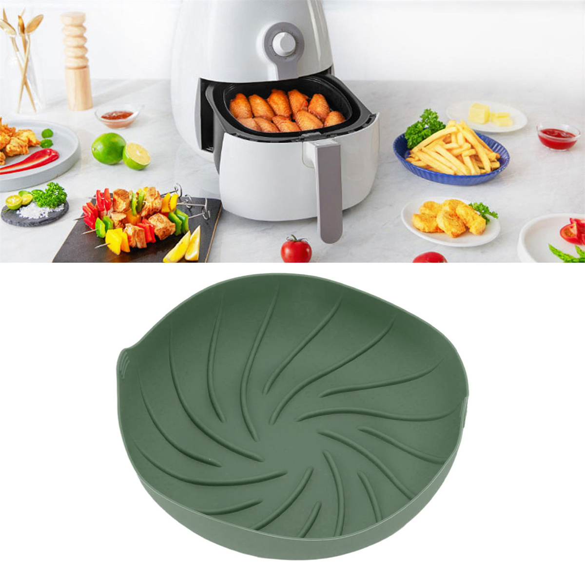 Eine Heißluftfritteuse mit Essen darin und verschiedene Gerichte und Zutaten auf dem Tisch darum herum.