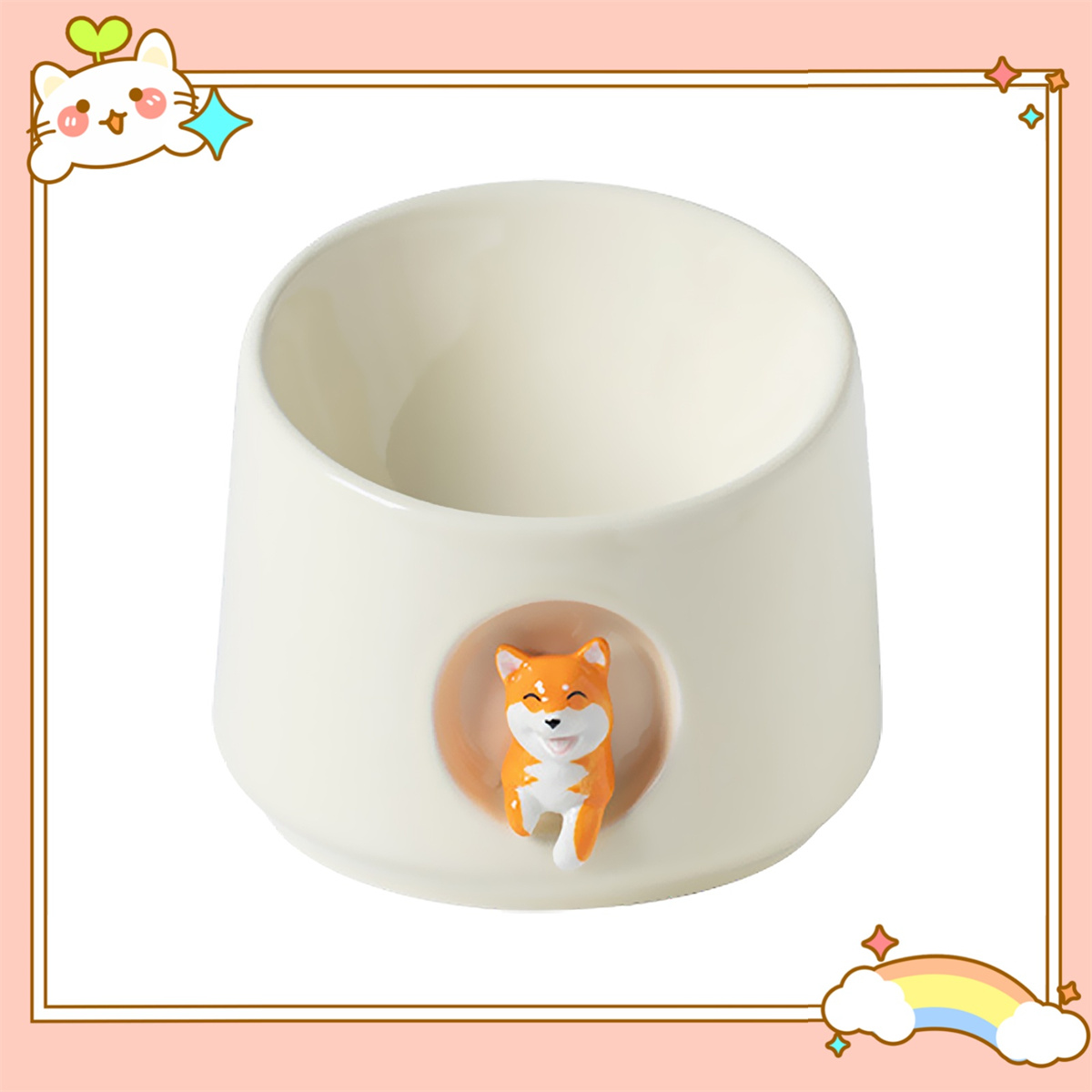 Weißer Keramiknapf mit Shiba Inu Figur. Rosa Hintergrund mit Sternen.