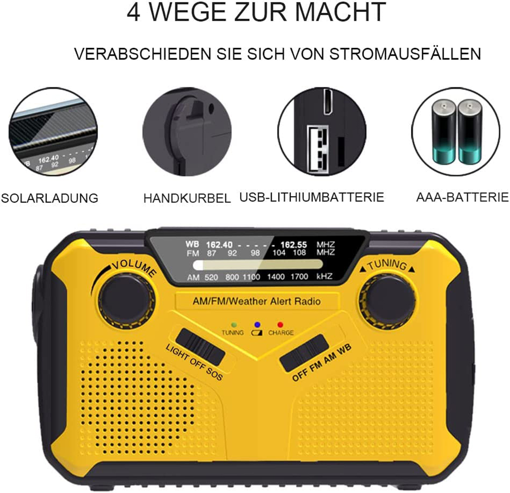 Gelbes Radio mit schwarzen Details. Vier Symbole: Solarladung, Handkurbel, USB und AAA-Batterien.