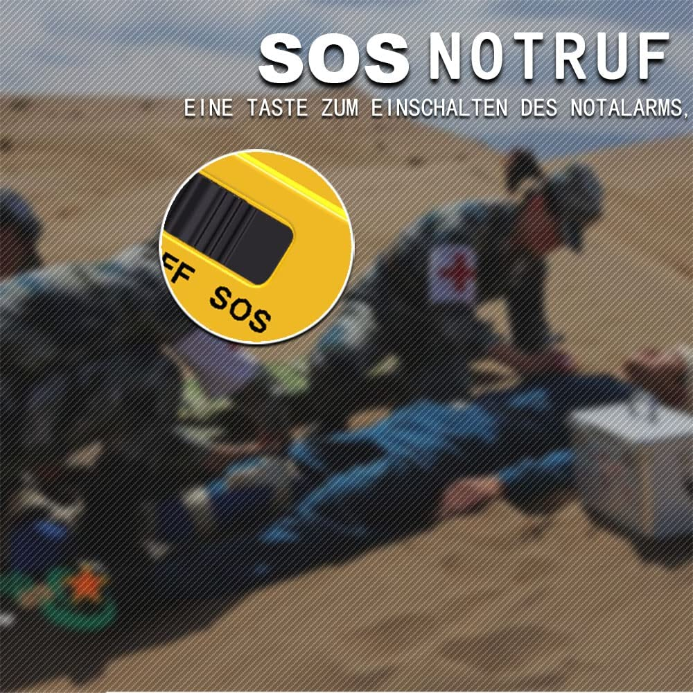 Eine SOS-Alarmtaste wird vor einer verschwommenen Szene von Leuten hervorgehoben, die jemandem helfen.