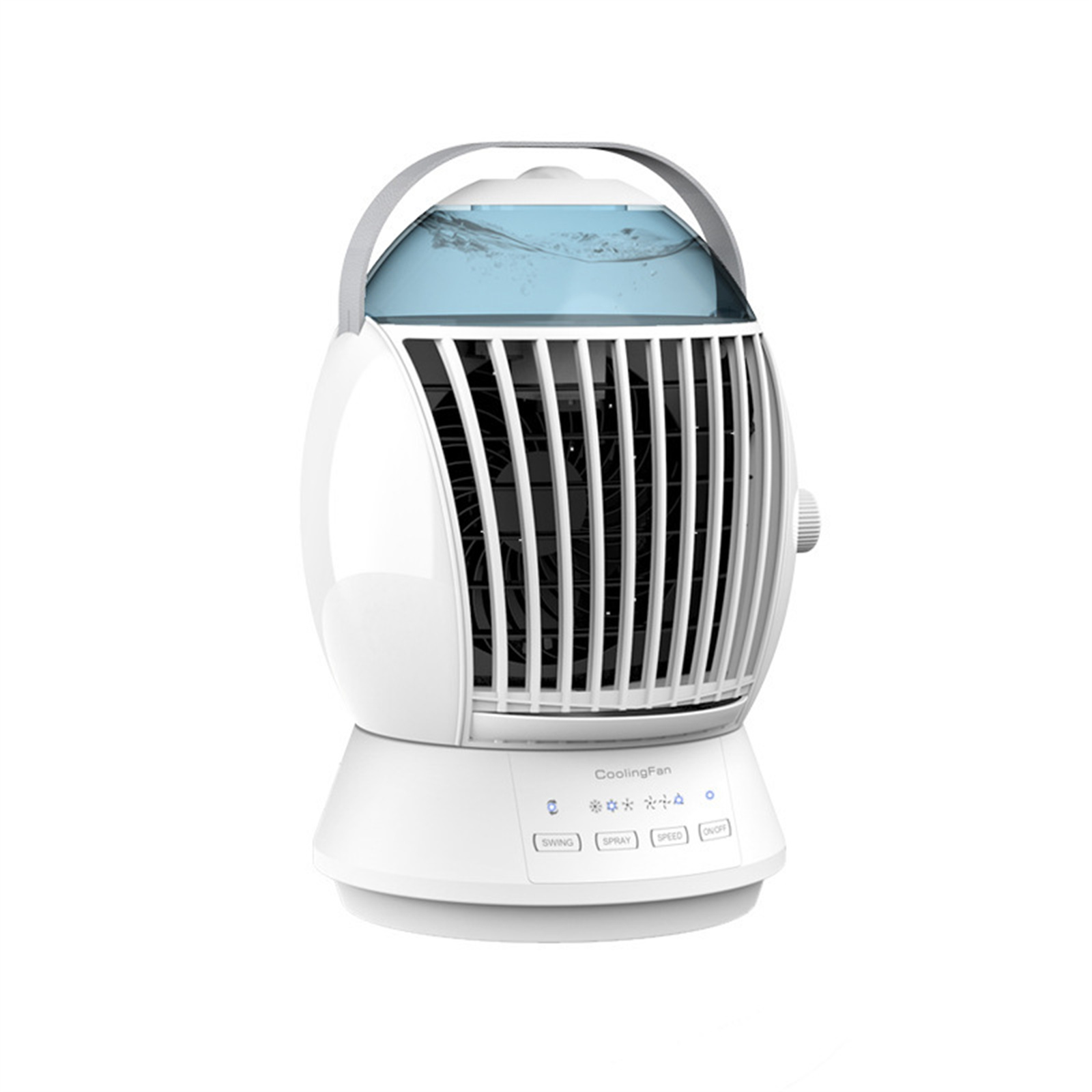 Weißer Kühlventilator mit Wasserbehälter. Er hat einen Griff und Bedienknöpfe. Isoliert auf weißem Hintergrund.