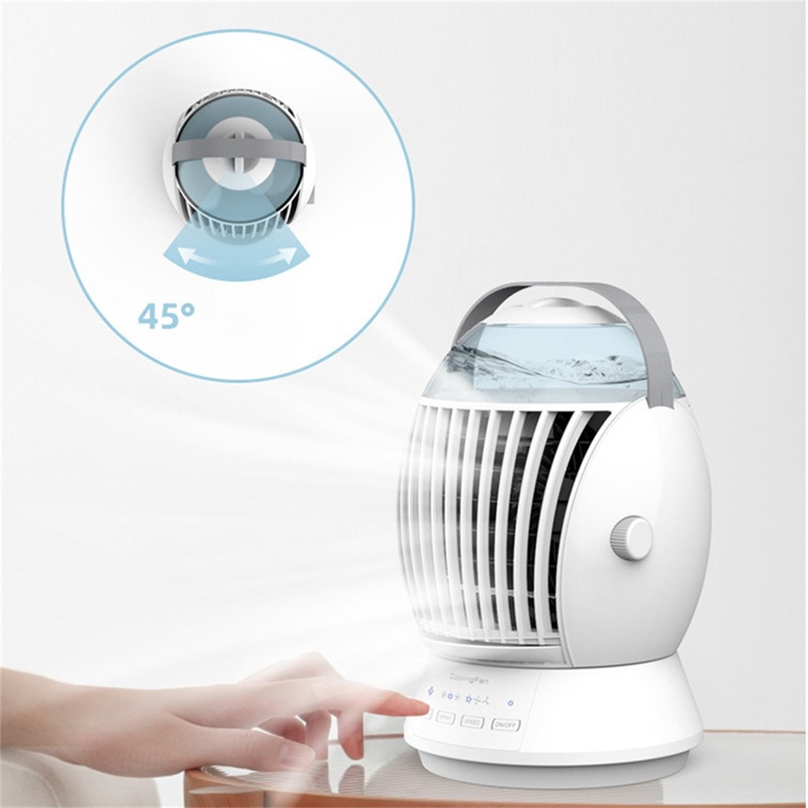 Weißer und grauer Kühlventilator mit einer Hand, die einen Knopf drückt.