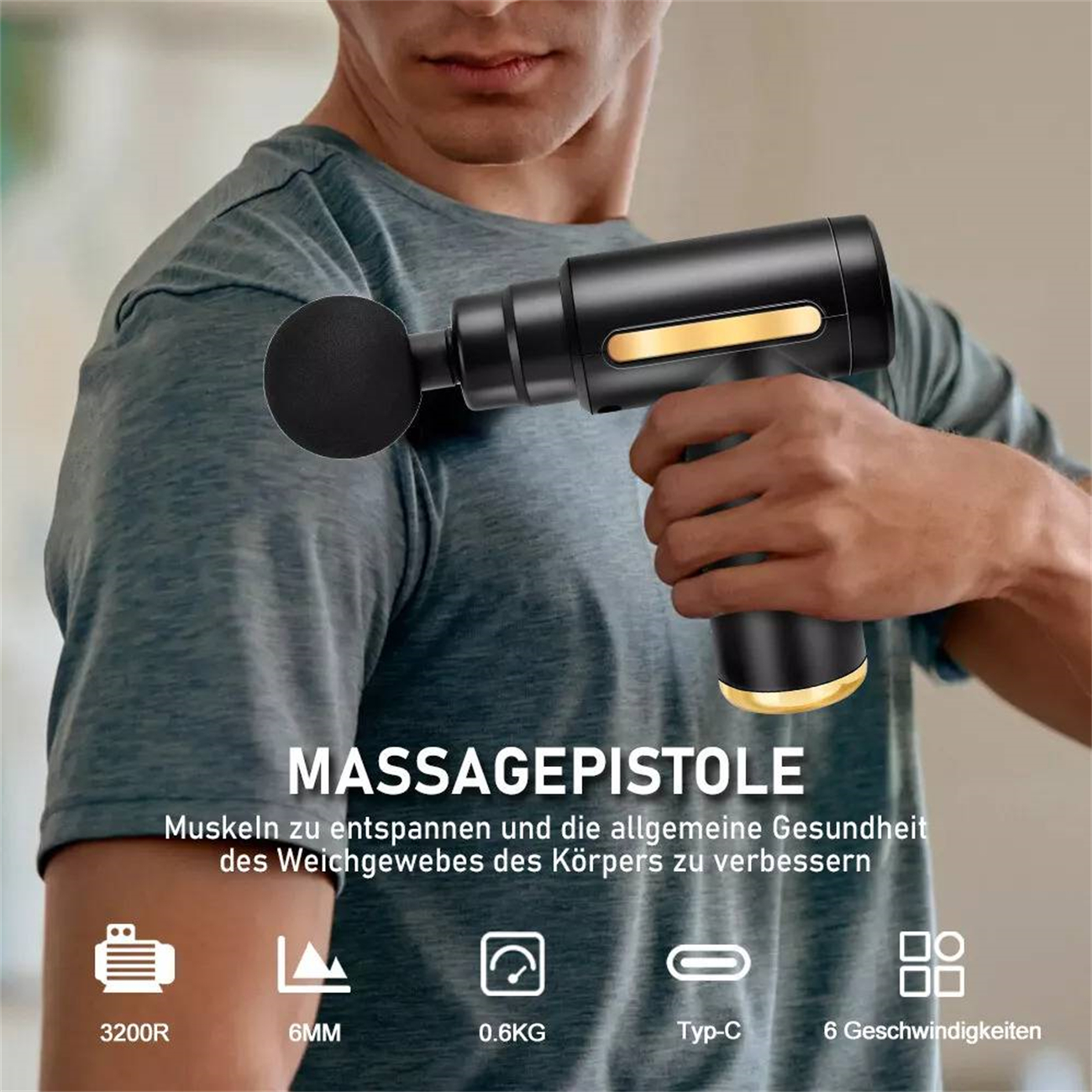 Mann benutzt eine schwarze Massagepistole. Der Text darunter lautet 'MASSAGEPISTOLE' und einige Spezifikationen.
