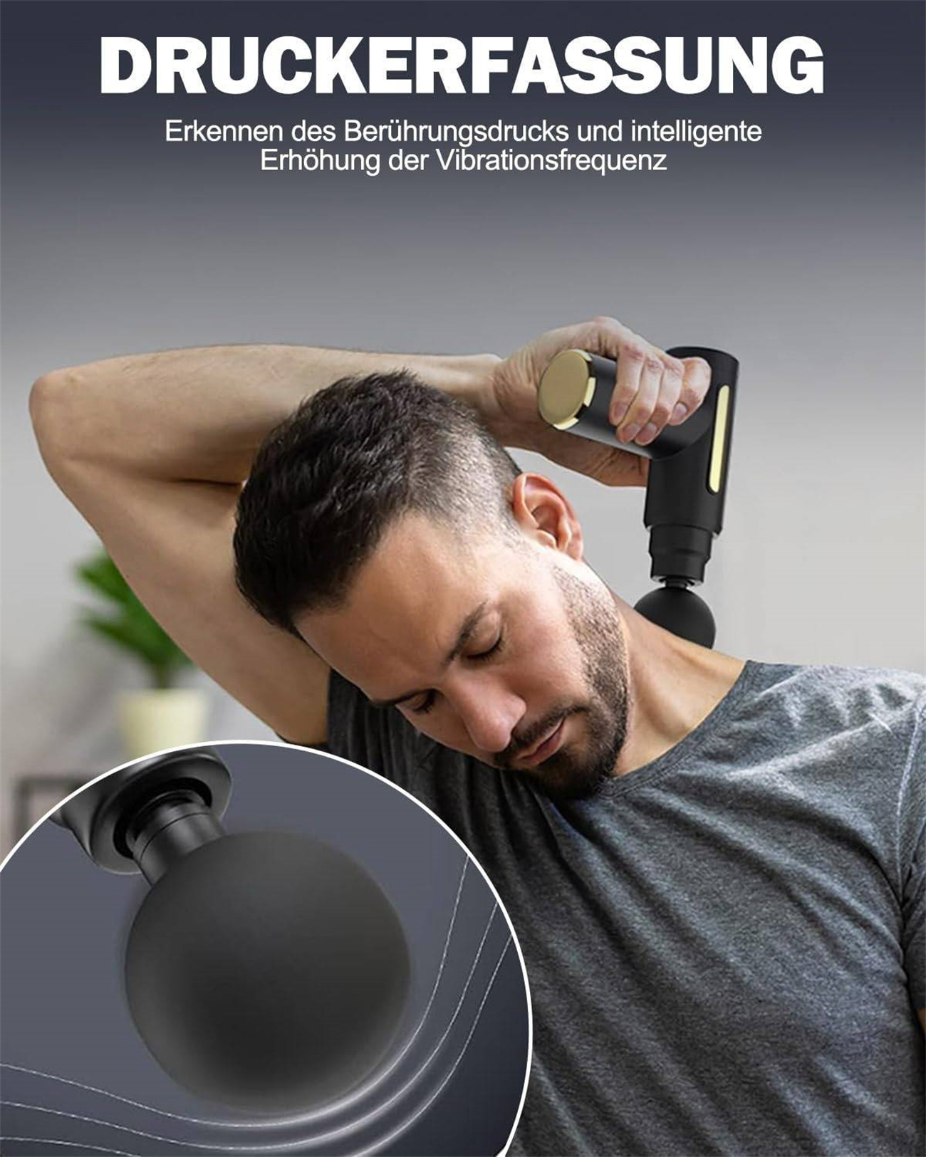 Ein Mann benutzt eine schwarze Massagepistole an seinem Nacken, Nahaufnahme des Massagekopfes.