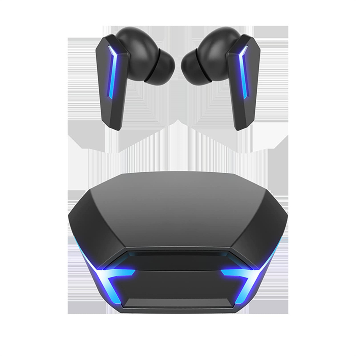 Schwarze Ohrhörer und Ladecase mit blauen Lichtern, zeigen Design und technische Merkmale.