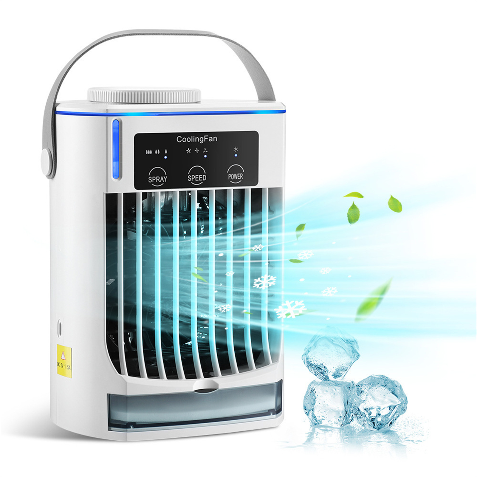 Weißer Kühlventilator mit Eiswürfeln und Wasserdampf auf weißem Hintergrund.