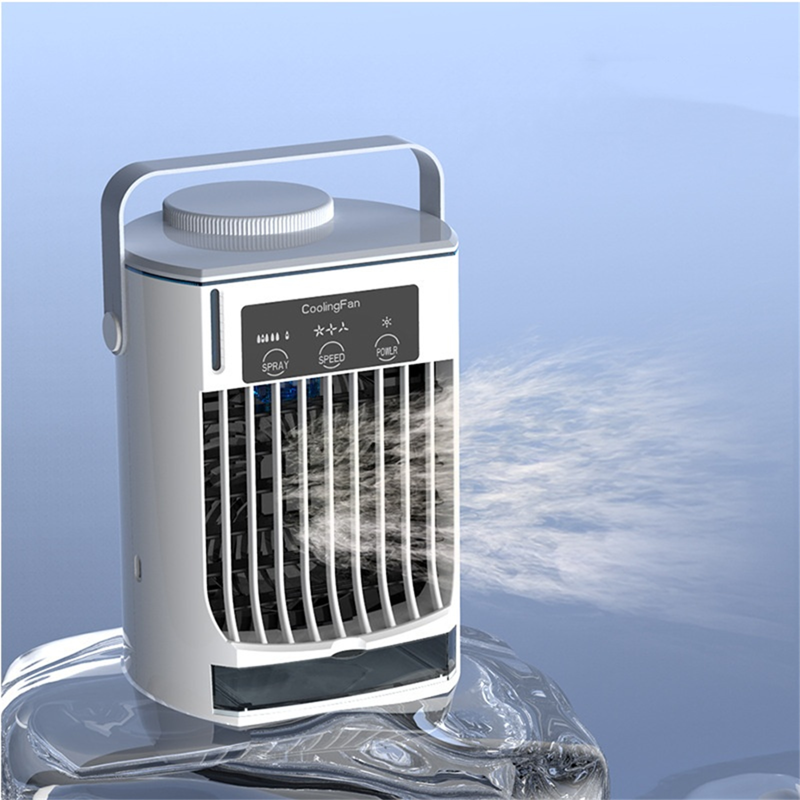 Ein weißer Kühlventilator mit Griff, der Luft auf Eis sprüht.