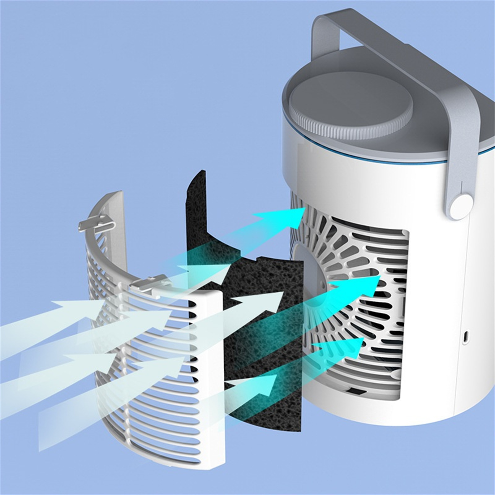 Luftfilter mit Filterelementen und Pfeilen. Blauer Hintergrund.