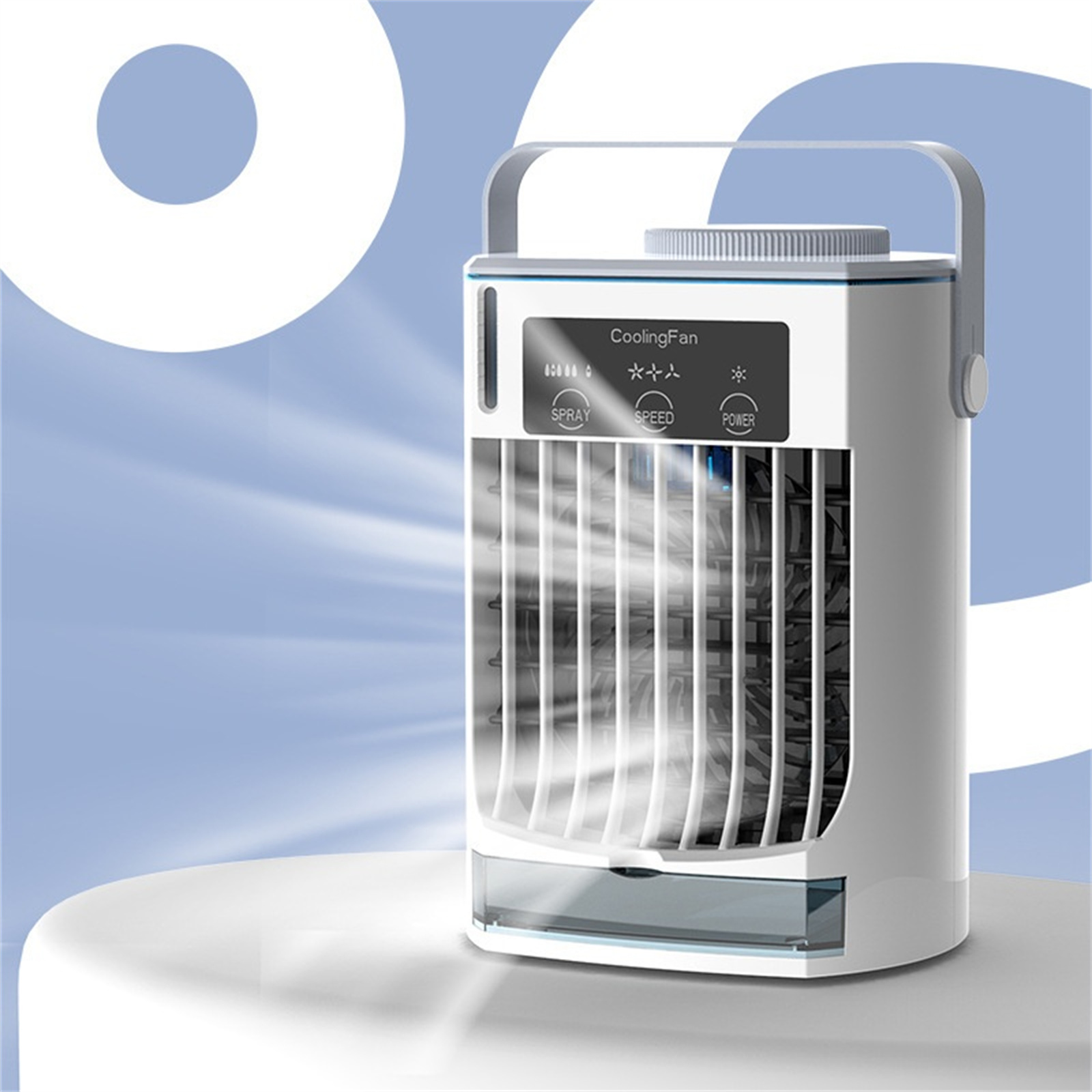 Ein weiß-blauer Kühlventilator mit Griff, Sprüh- und Geschwindigkeitstasten sowie Wassertank.