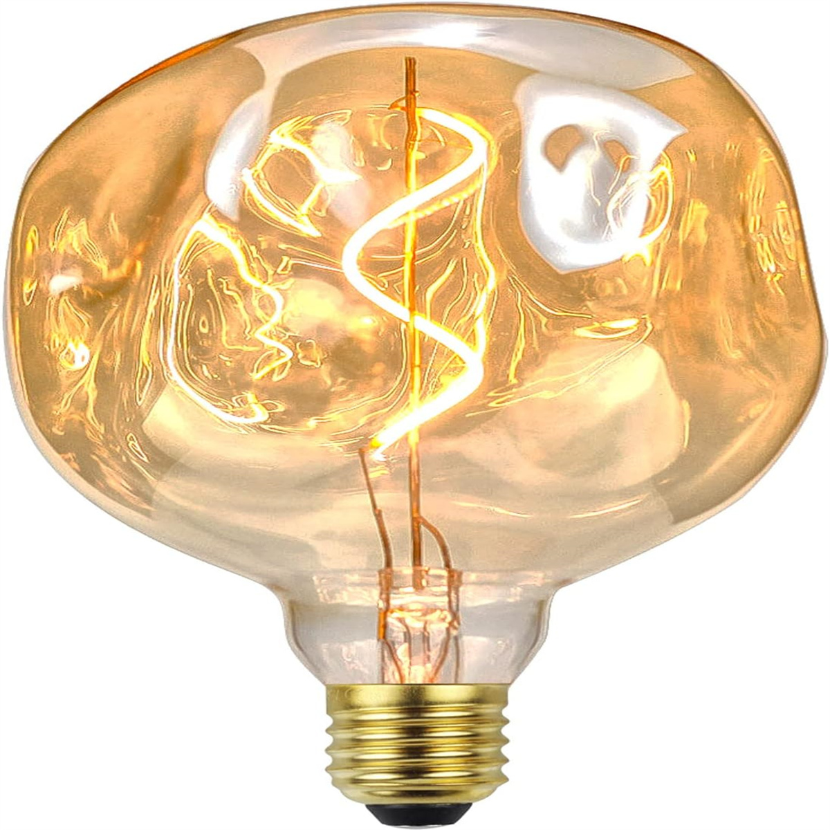 Nahaufnahme einer Glühbirne mit Wendel. Die Glühbirne ist beleuchtet und hat einen goldenen Sockel.