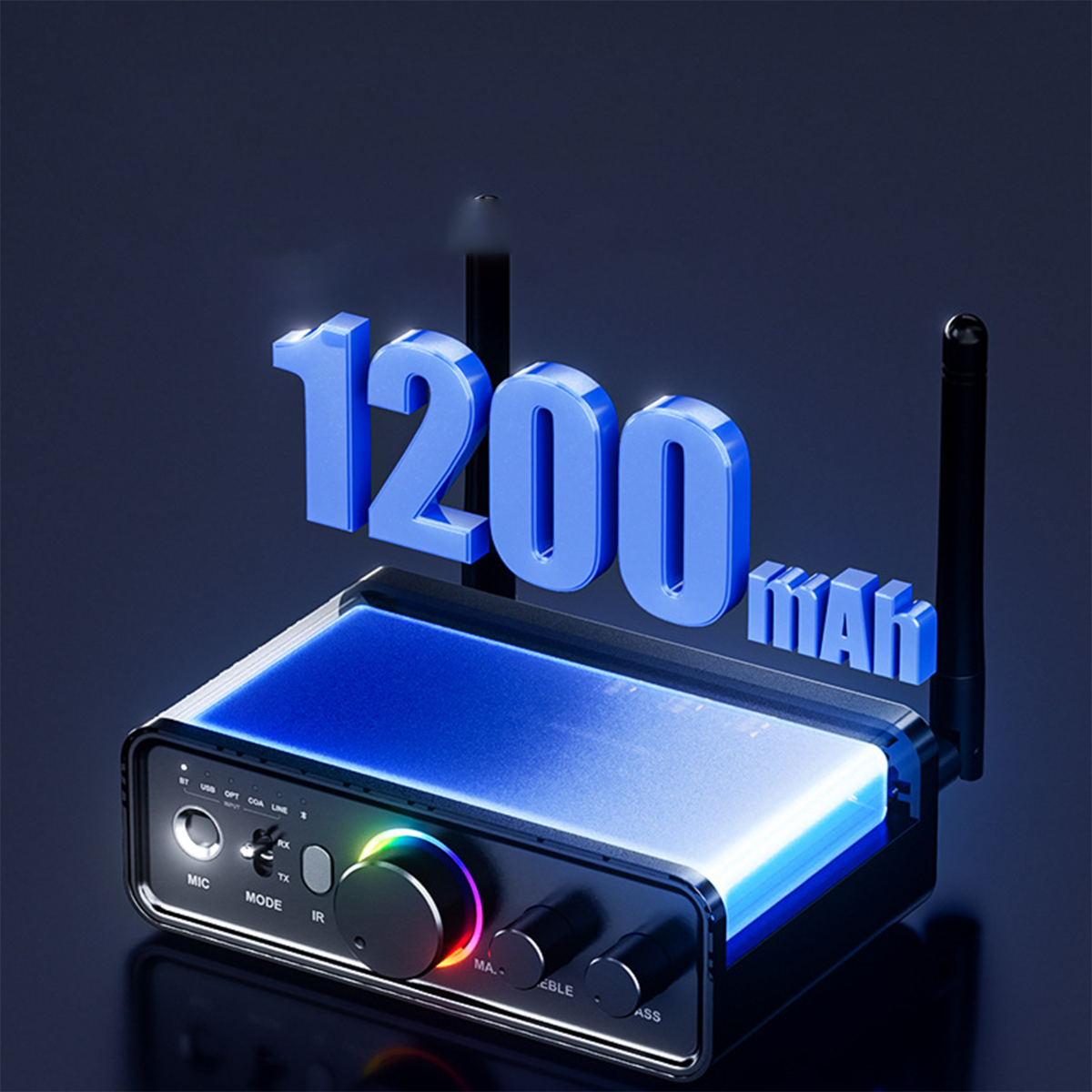 Ein schwarzes Gerät mit Knöpfen und einem Regenbogenrad, das den Text '1200 mAh' anzeigt.