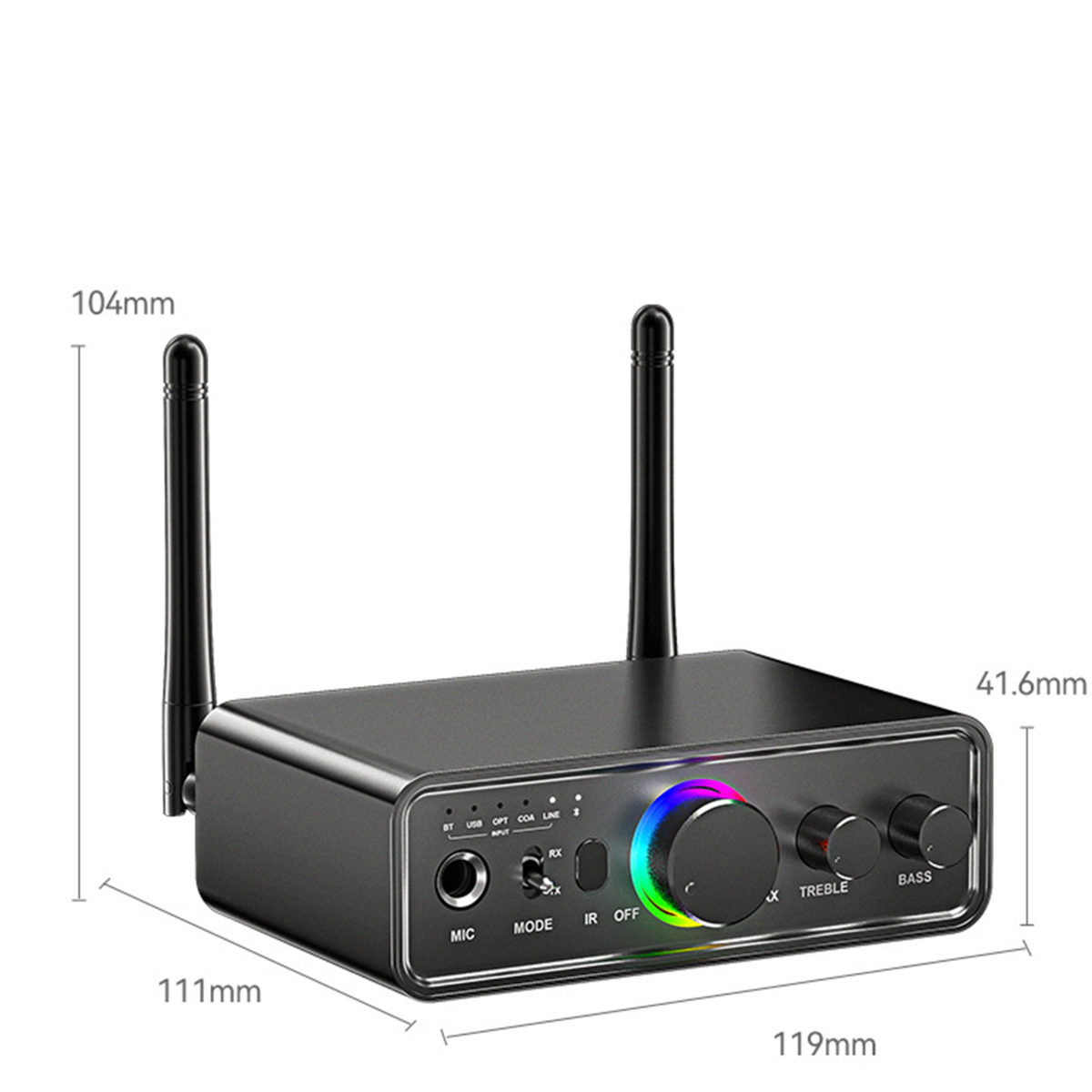 Schwarzer Audio-Receiver mit Knöpfen und Antennen. Messungen und Text. Auf einem Ständer.
