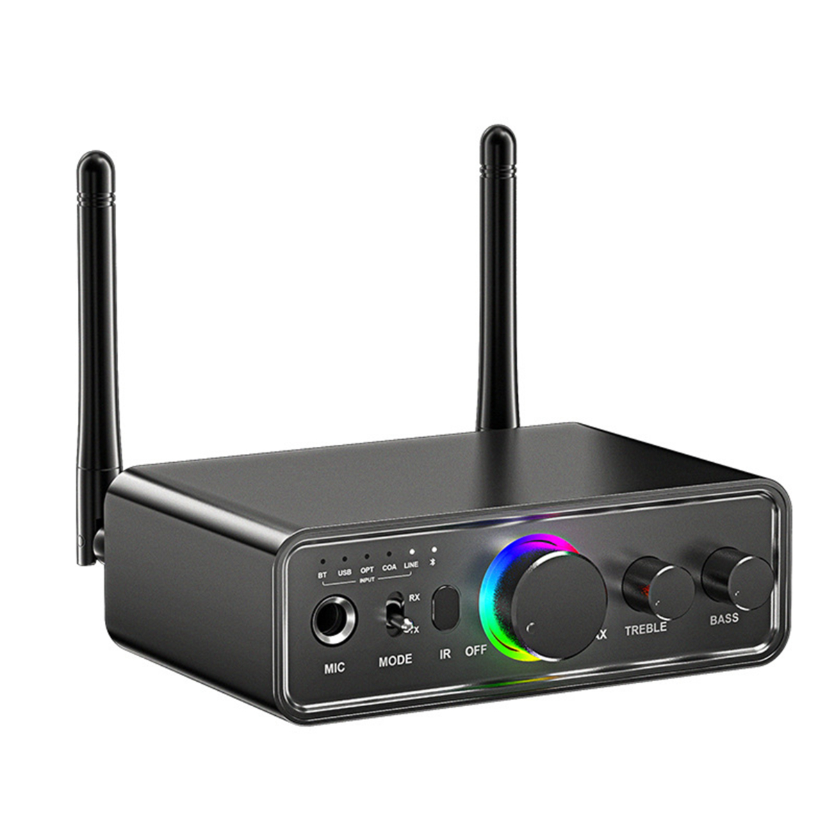 Schwarzer Audio-Receiver mit Antennen und einem farbwechselnden Drehregler, mit verschiedenen Eingangsoptionen.