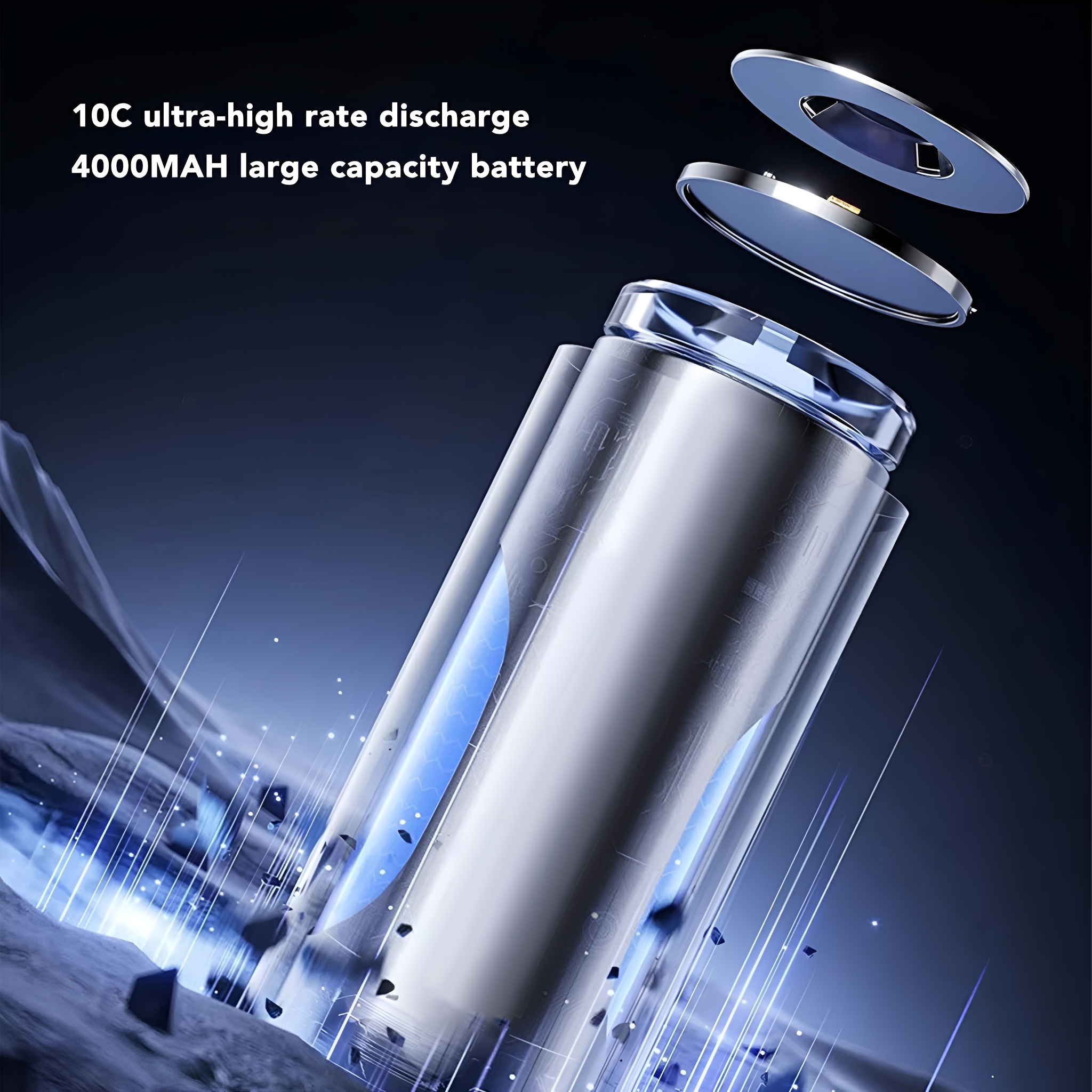 Batteriezelle mit blauem Lichteffekt. Text: 10C Entladung, 4000mAh Kapazität. Zwei silberne Kappen schweben darüber.