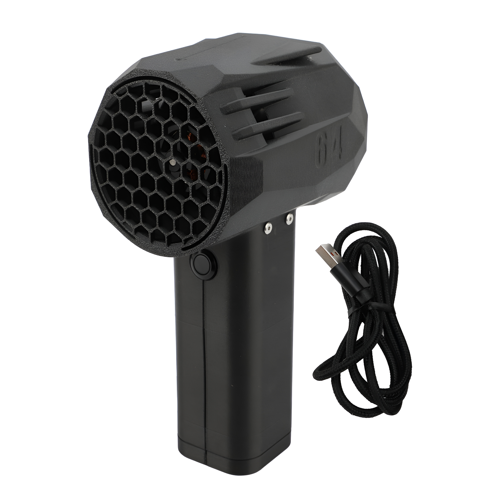 Schwarzes Handgerät mit sechseckigem Grill, einem Knopf und einem aufgerollten USB-Kabel.