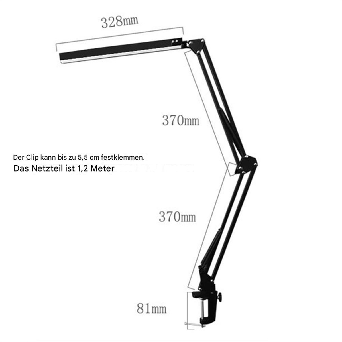 Schwarze Schreibtischlampe mit Maßen, weißer Hintergrund.