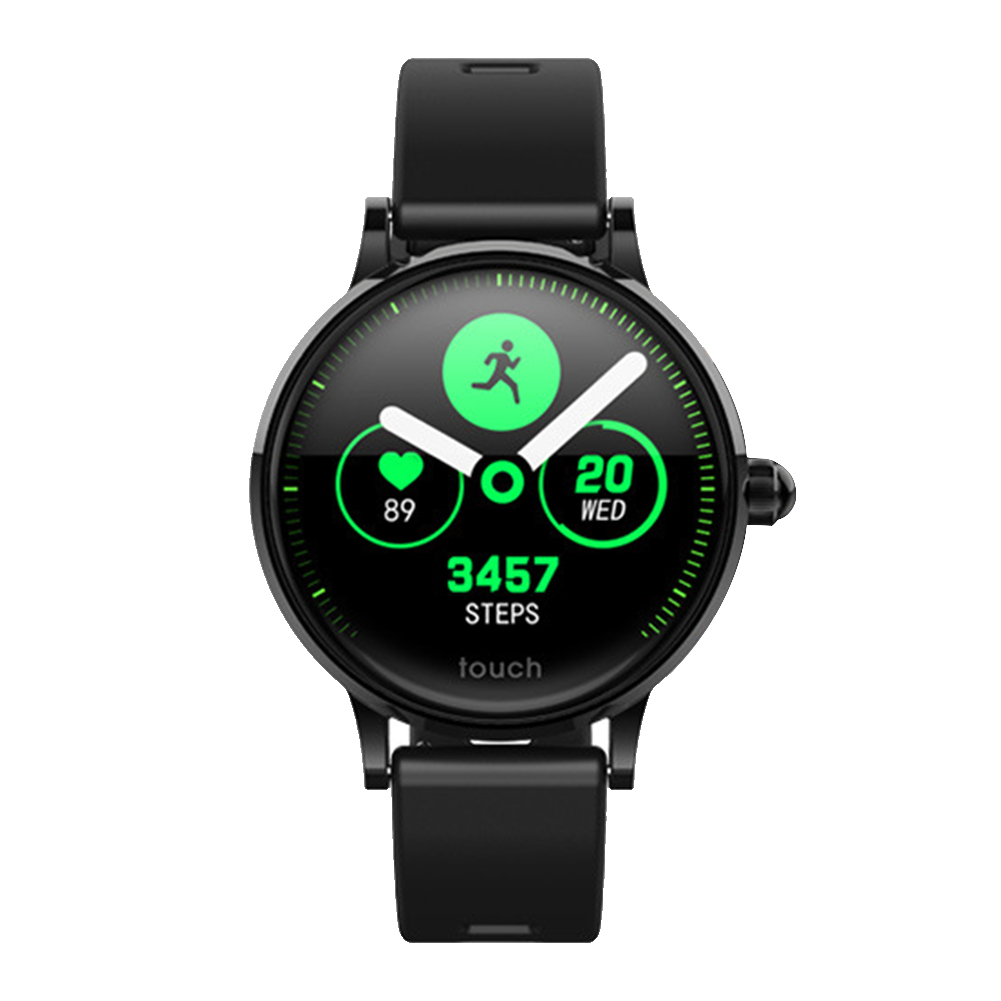 Schwarze Smartwatch zeigt grüne Metriken: Herzfrequenz, Schritte und Datum. Schwarzes Armband, grünes Läufer-Symbol.
