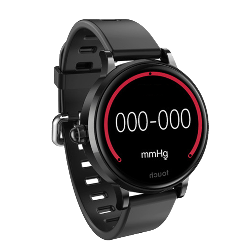 Schwarze Smartwatch mit rotem Display, das 000-000 mmHg anzeigt. Schwarzes Band. Weißer Hintergrund.