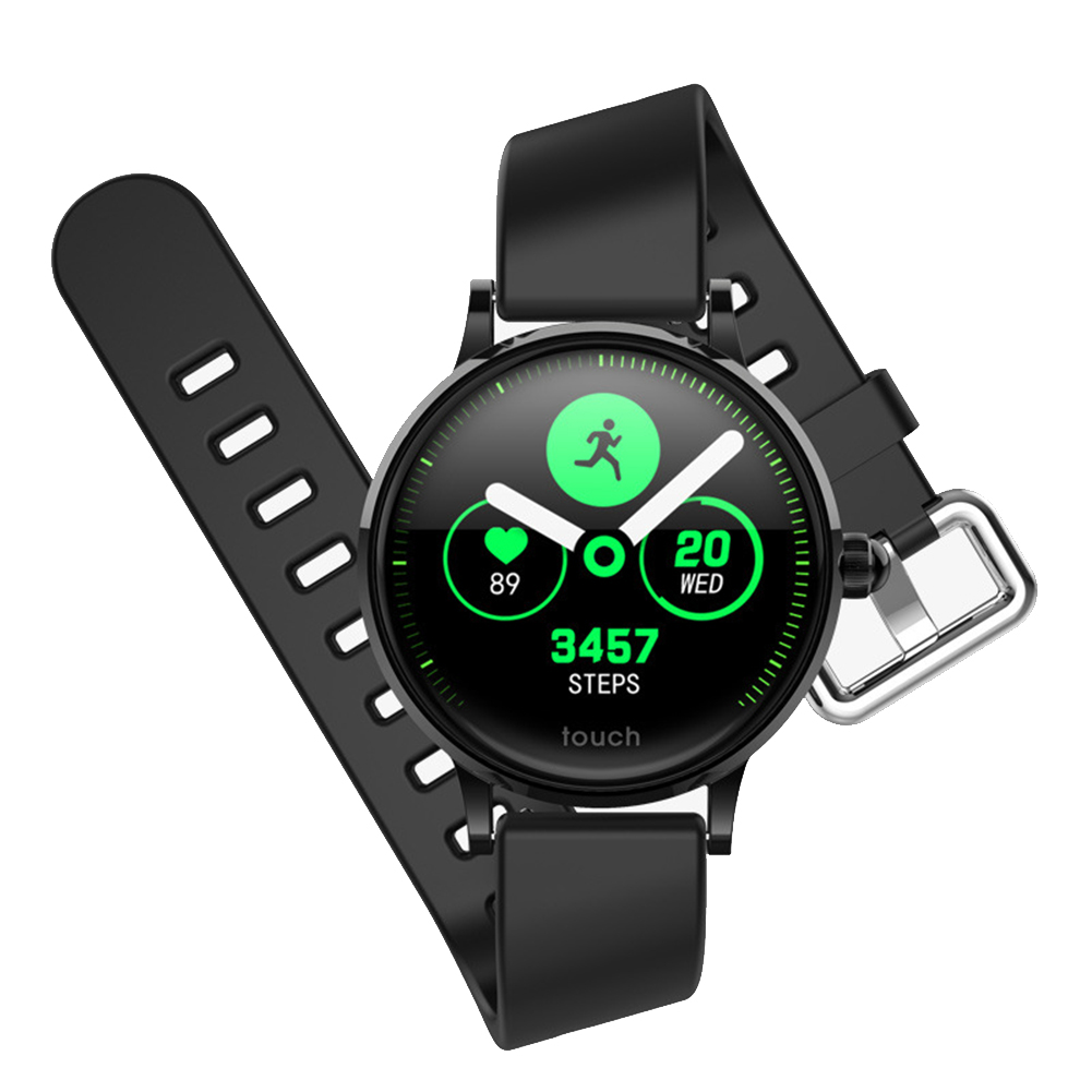 Eine schwarze Smartwatch mit Bildschirm, der Statistiken anzeigt, und einem schwarzen Armband, isoliert.