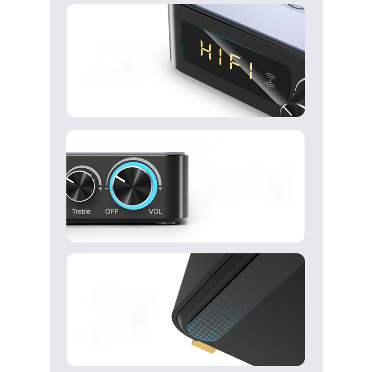 Nahaufnahme eines schwarzen Audioverstärkers mit Drehreglern und Anzeige 'HIFI'. Weißer Hintergrund.