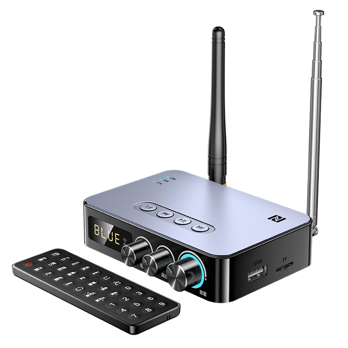 Schwarzer und silberner Bluetooth-Empfänger mit Antenne und Fernbedienung, weißer Hintergrund.