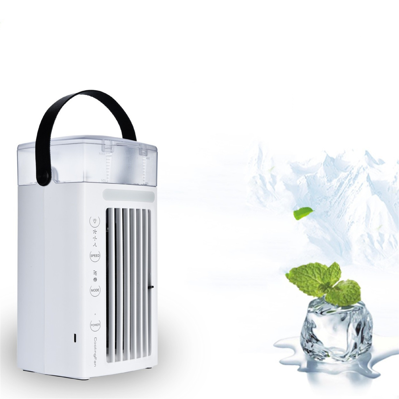 Weißer Kühlventilator mit Griff und Minzblatt auf Eis. Eis schmilzt.
