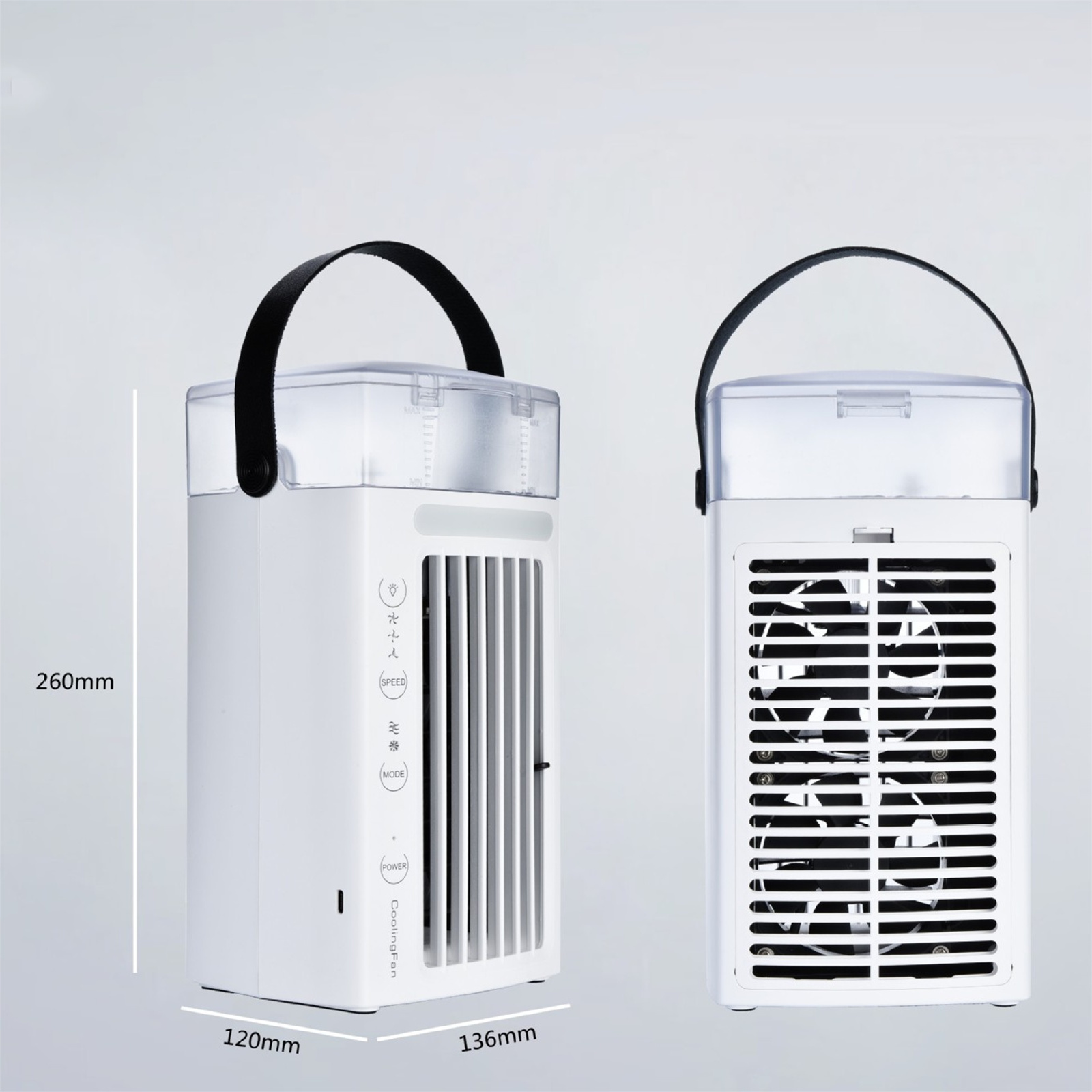 Zwei weiße Kühlventilatoren mit Abmessungen, mit Griff, Bedienfeld und Lüftungsschlitzen.
