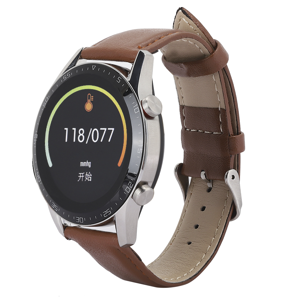 Smartwatch mit braunem Lederarmband, zeigt Blutdruck- und Temperaturmesswerte an.