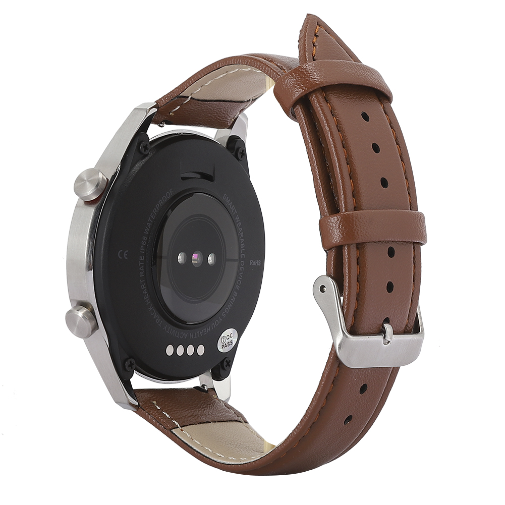 Silberne Smartwatch mit braunem Lederarmband, Rückseite der Uhr sichtbar.