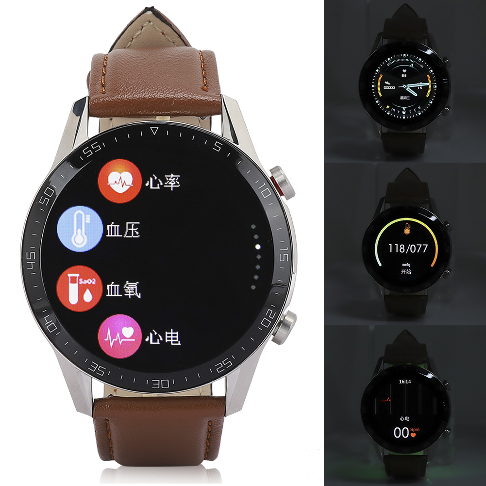 Eine silberne und braune Smartwatch mit verschiedenen Bildschirmen. Zeigt Herzfrequenz, Blutdruck usw.