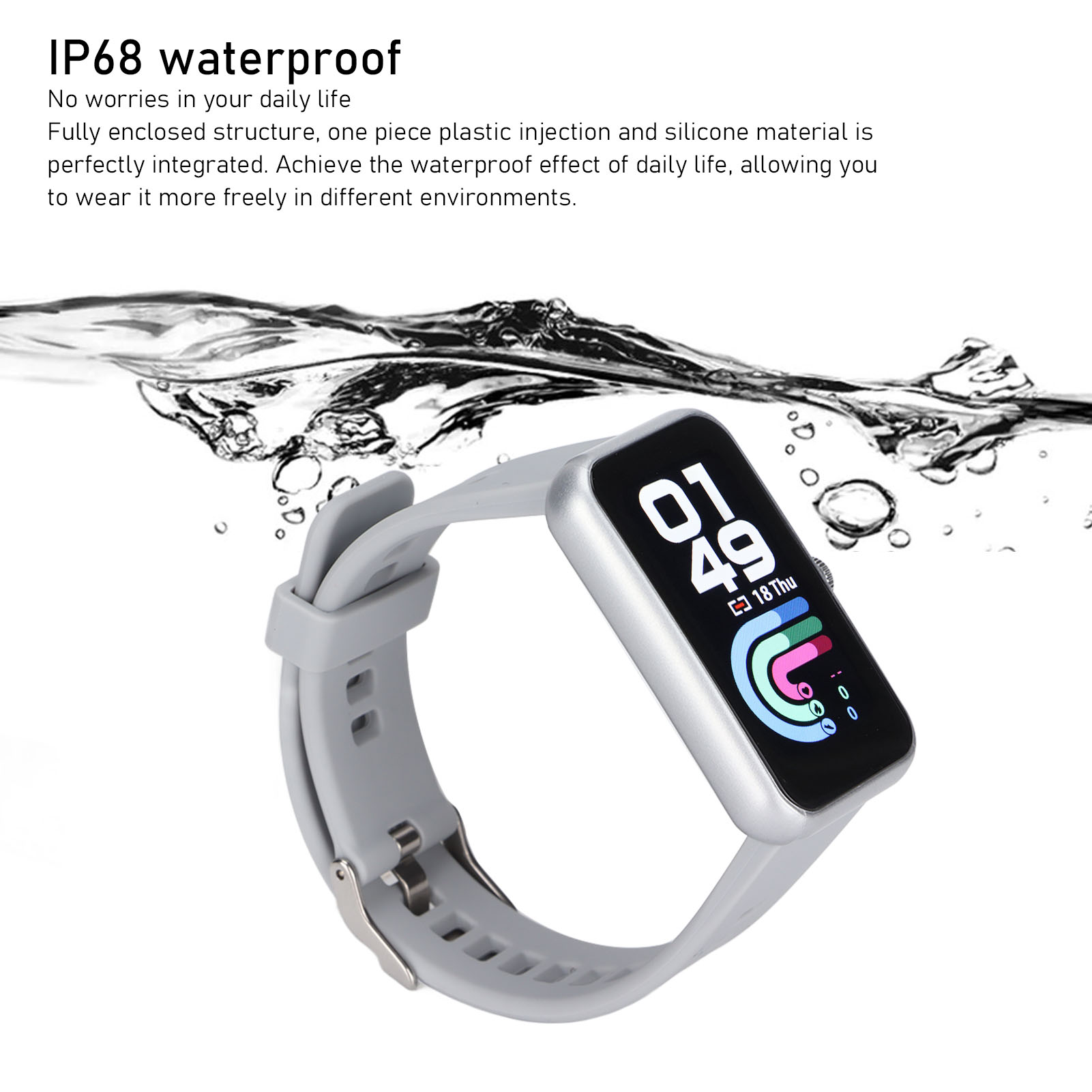 Graue Smartwatch mit digitaler Anzeige von Zeit und Gesundheitsdaten. Die Uhr ist wasserdicht.