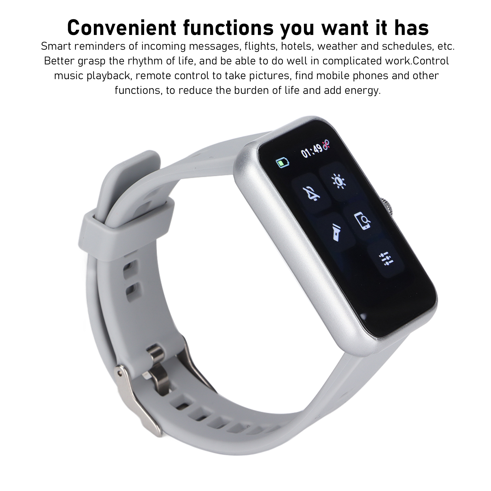 Smartwatch am Handgelenk mit silbernem Gehäuse. Graues Armband. Touchscreen mit Symbolen.