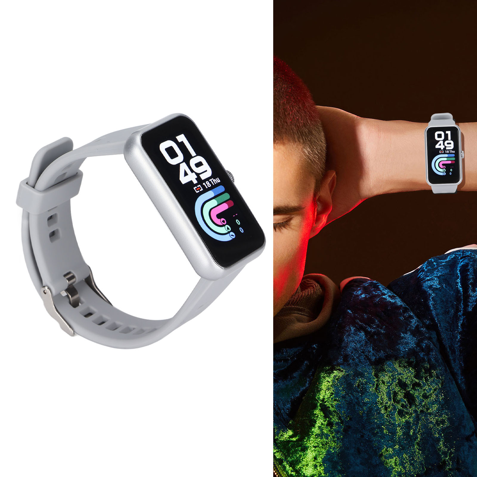 Eine Smartwatch mit grauem Armband und eine Person, die sie trägt, zeigt Uhrzeit und Datum.