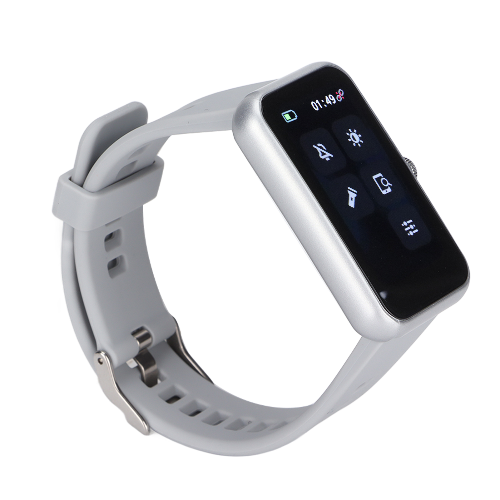 Eine silberne Smartwatch mit rechteckigem Bildschirm, auf dem die Uhrzeit und verschiedene Oberfläche-Symbole angezeigt werden.