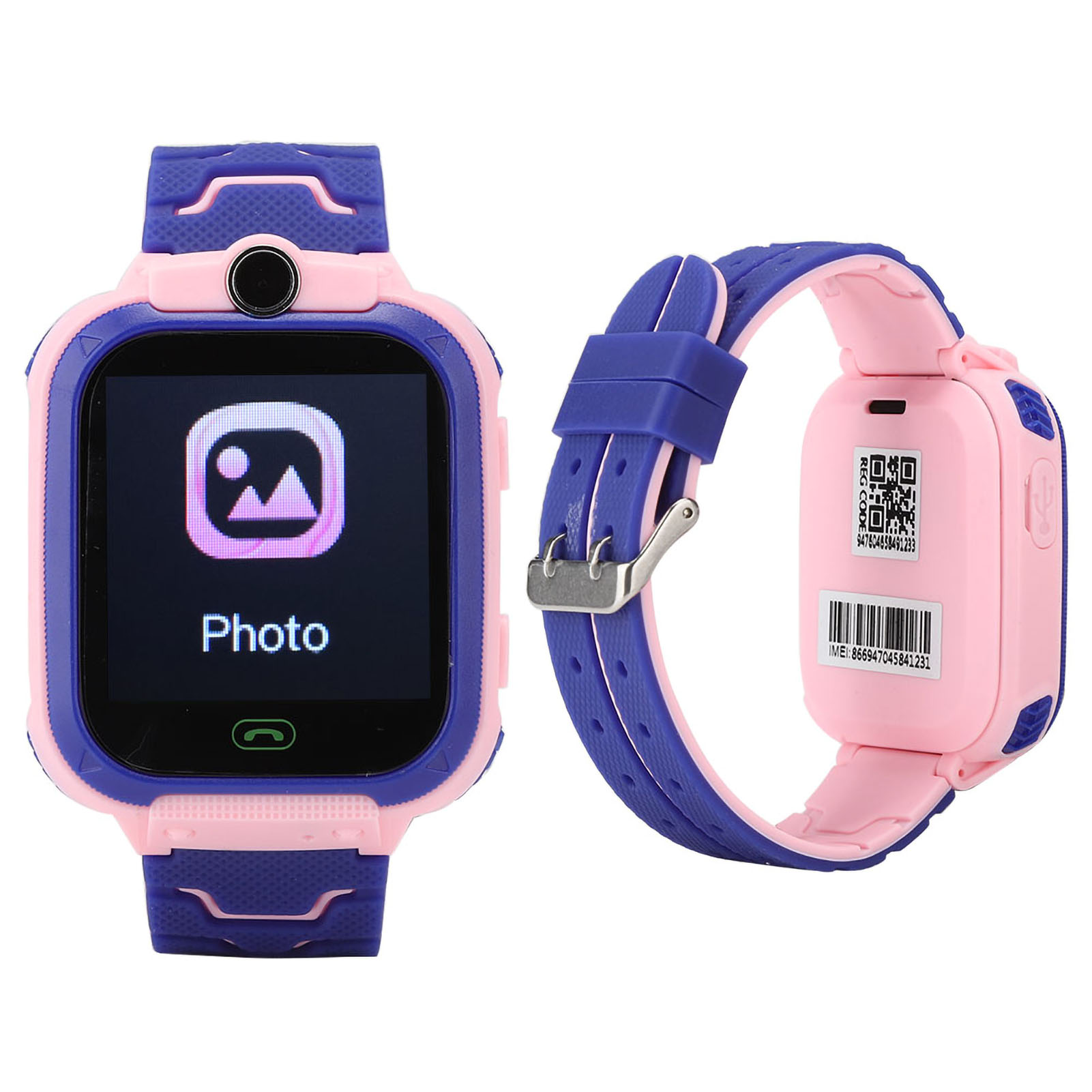Rosa und blaue Smartwatch mit einem Foto auf dem Bildschirm. Die Uhr liegt auf einer weißen Oberfläche.