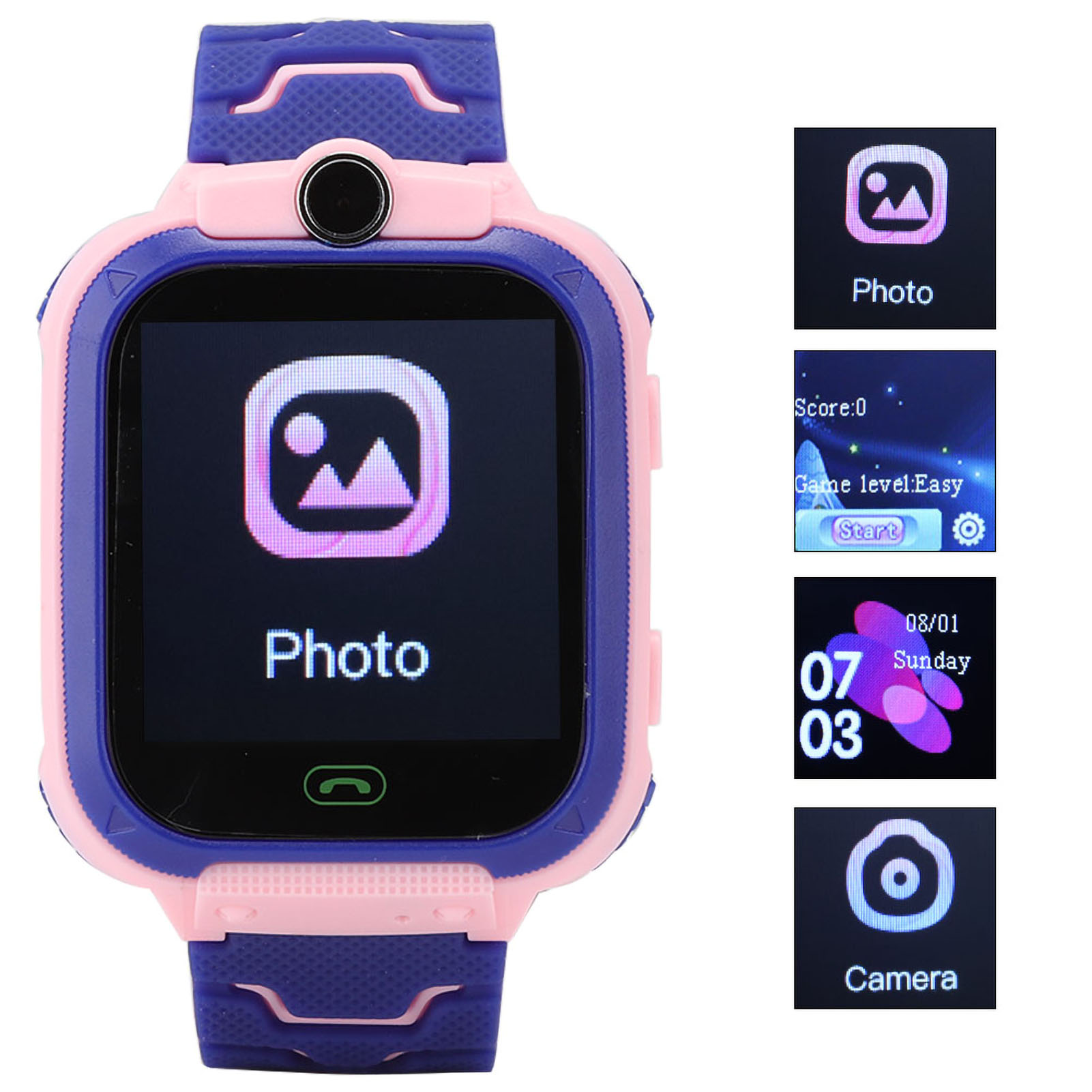 Eine Smartwatch mit einem Foto-App-Symbol und drei zusätzlichen App-Symbolen.