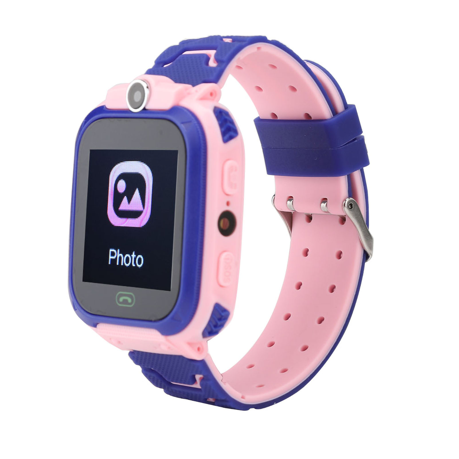 Rosa-blaue Smartwatch. Der Bildschirm zeigt ein Foto-Symbol. Blaues Armband mit rosa Innen.