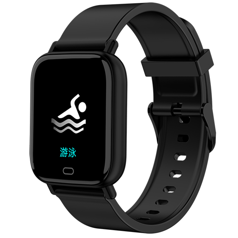 Schwarze Smartwatch mit quadratischem Bildschirm, der ein Schwimm-Symbol und chinesische Zeichen anzeigt.