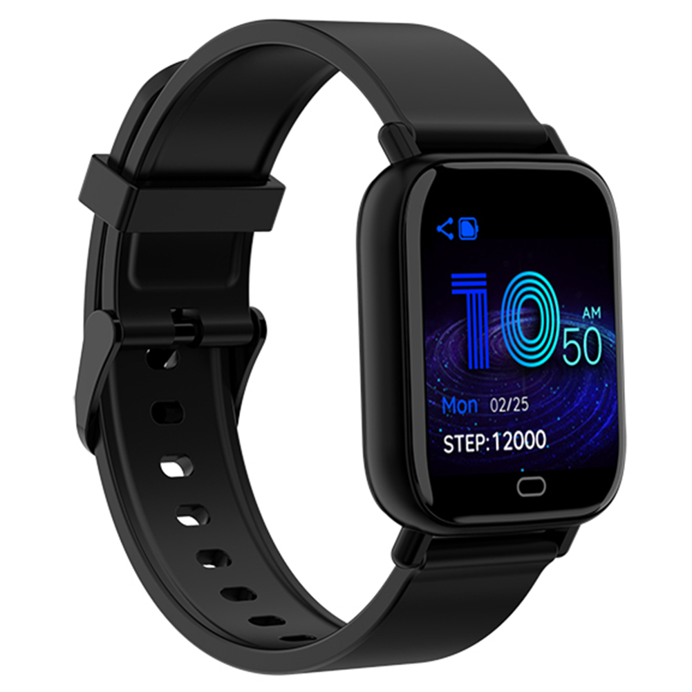 Schwarze Smartwatch mit rechteckigem Bildschirm. Der Bildschirm zeigt Uhrzeit, Datum und Schrittzahl.