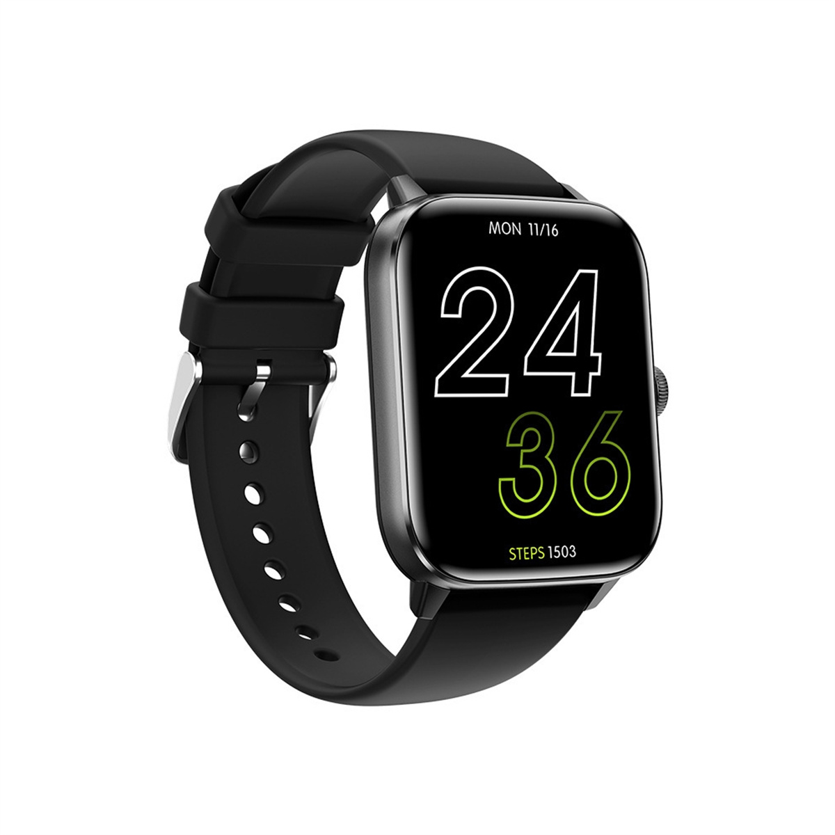 Eine schwarze Smartwatch, die Zeit und Schritte anzeigt, mit schwarzem Armband. Der Bildschirm zeigt weiße Zahlen.