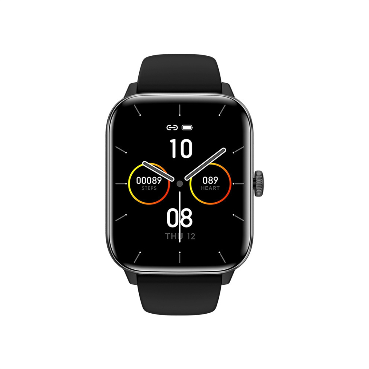 Eine schwarze Smartwatch mit schwarzem Armband. Der Bildschirm zeigt Schritte, Herzfrequenz und Zeit.